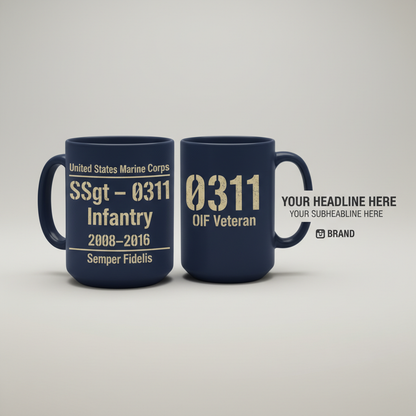 Personalized Two-Sided USMC Stencil Mug - Custom MOS & Rank Marine Veteran Cup - OIF / OEF Service Gift