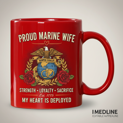 Personalized Marine Wife Globe & Wedding Rings Mug - Custom Red Rose "Strength Loyalty Sacrifice" Coffee Cup