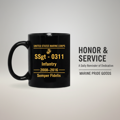 Personalized USMC Rank and MOS Black Mug - Custom Marine Service Record Coffee Cup - Active Duty & Veteran Gift