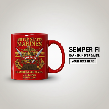 Personalized USMC Crossed Swords Red Mug - Custom Name & Years Marine Veteran Cup - "Earned Never Given" Gift