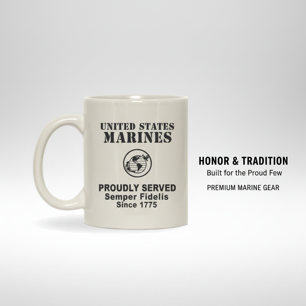 Personalized Minimalist US Marines White Mug - Custom "Proudly Served" Stencil Cup - Semper Fidelis Veteran Gift
