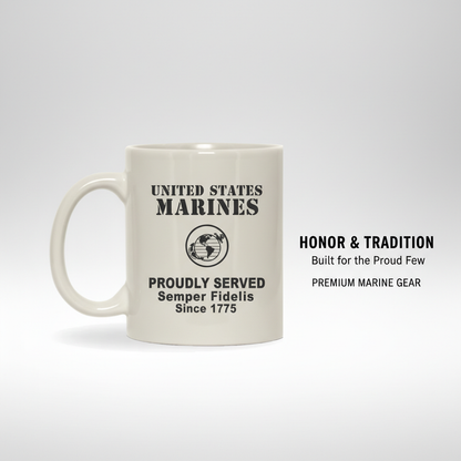 Personalized Minimalist US Marines White Mug - Custom "Proudly Served" Stencil Cup - Semper Fidelis Veteran Gift