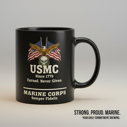 Personalized USMC Skull & Flags Black Mug - Custom "Earned Never Given" Marine Cup - Badass Veteran Gift