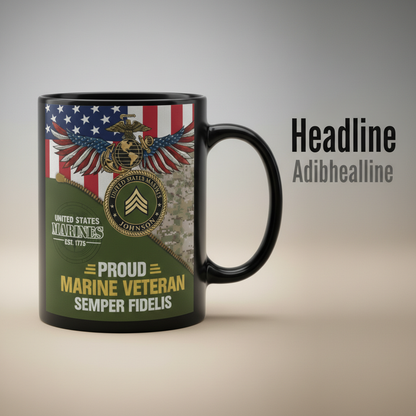 Personalized USMC Unzipped Camo Mug - Custom Name & Rank Marine Patch Cup - Proud Veteran Flag Gift