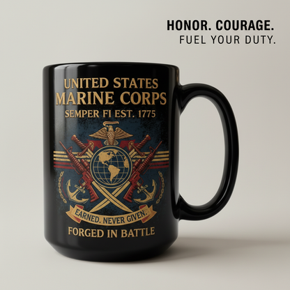 Personalized USMC "Forged In Battle" Black Mug - Custom Crossed Rifles Marine Veteran Cup - Earned Never Given Gift
