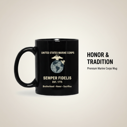 Personalized USMC Semper Fidelis Black Mug - Custom Classic EGA Marine Cup - Brotherhood Honor Sacrifice Gift