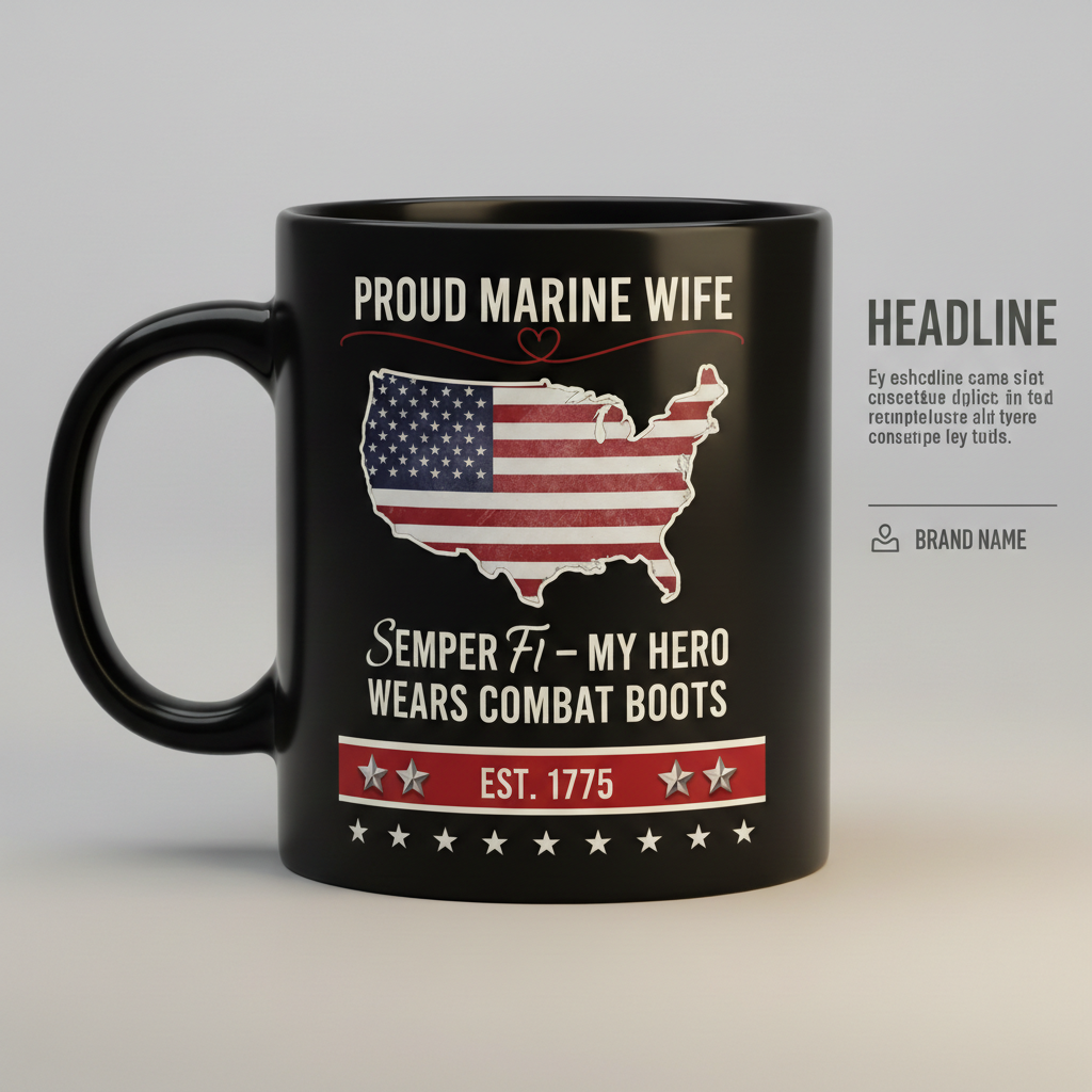 Personalized Proud Marine Wife Mug - Custom "My Hero Wears Combat Boots" Spouse Cup - USA Flag Map Gift