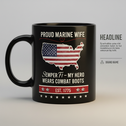 Personalized Proud Marine Wife Mug - Custom "My Hero Wears Combat Boots" Spouse Cup - USA Flag Map Gift