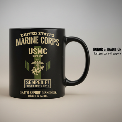 Personalized USMC "Death Before Dishonor" Black Mug - Custom Tactical Marine Veteran Cup - Forged In Battle Gift