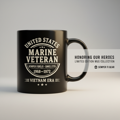 Personalized US Marine Veteran Typography Mug - Custom Service Years Era Cup - Vintage Military Badge Gift