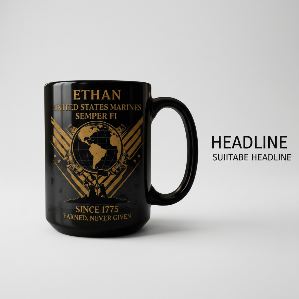 Personalized USMC Iwo Jima Black Mug - Custom Name Marine Veteran Cup - "Earned Never Given" Gift