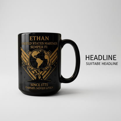 Personalized USMC Iwo Jima Black Mug - Custom Name Marine Veteran Cup - "Earned Never Given" Gift