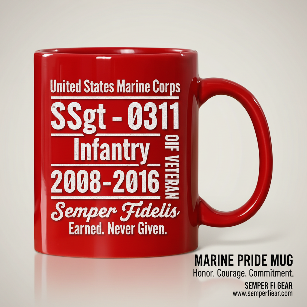 Personalized Red USMC Veteran Mug - Custom Rank & MOS Marine Service Cup - "Earned. Never Given" Gift