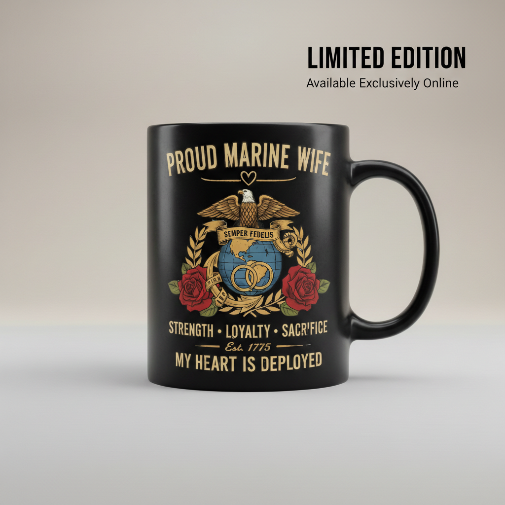 Personalized Proud Marine Wife Mug - Custom "My Heart Is Deployed" Wedding Rings Cup - Military Spouse Gift