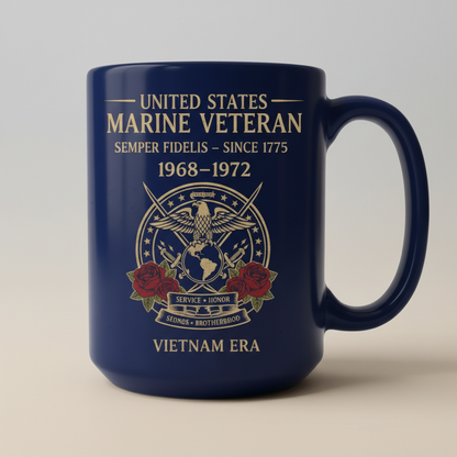 Personalized US Marine Veteran Blue Mug - Custom Vietnam Era Crossed Swords & Roses Coffee Cup