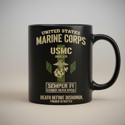 Personalized USMC "Death Before Dishonor" Black Mug - Custom Tactical Marine Veteran Cup - Forged In Battle Gift