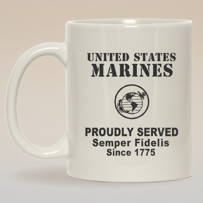 Personalized Minimalist US Marines White Mug - Custom "Proudly Served" Stencil Cup - Semper Fidelis Veteran Gift