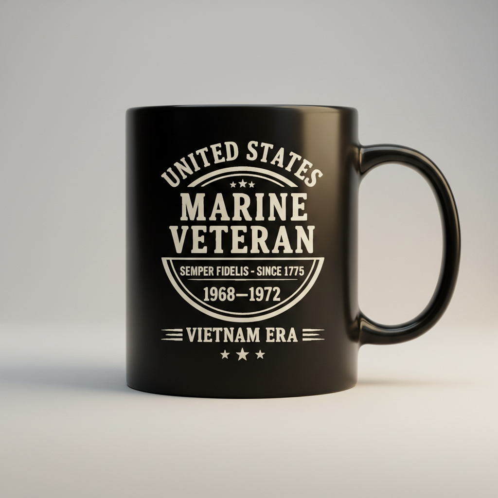 Personalized US Marine Veteran Typography Mug - Custom Service Years Era Cup - Vintage Military Badge Gift