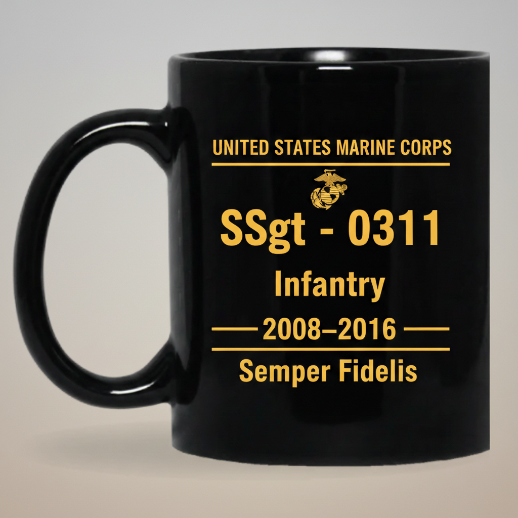 Personalized USMC Rank and MOS Black Mug - Custom Marine Service Record Coffee Cup - Active Duty & Veteran Gift