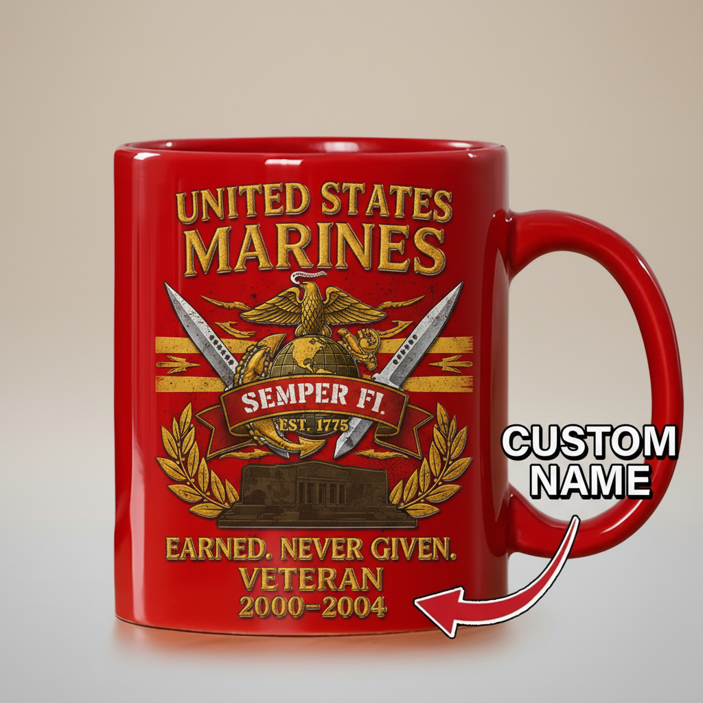 Personalized USMC Crossed Swords Red Mug - Custom Name & Years Marine Veteran Cup - "Earned Never Given" Gift
