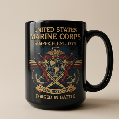 Personalized USMC "Forged In Battle" Black Mug - Custom Crossed Rifles Marine Veteran Cup - Earned Never Given Gift