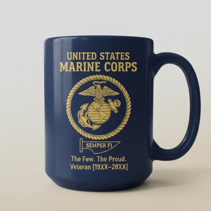 Personalized USMC Semper Fi Pennant Mug - Custom Service Years Marine Cup - The Few The Proud Veteran Gift