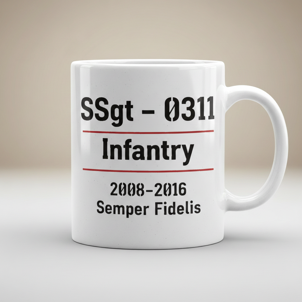 Personalized USMC Rank and MOS White Mug - Custom Marine Service Record Cup - Minimalist Veteran Gift