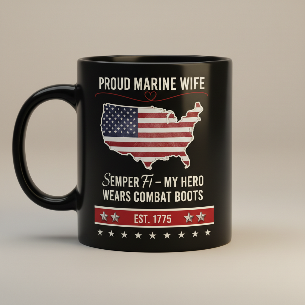 Personalized Proud Marine Wife Mug - Custom "My Hero Wears Combat Boots" Spouse Cup - USA Flag Map Gift
