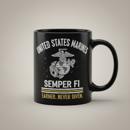 Personalized USMC Semper Fi Mug - Custom Marines EGA Cup - "Earned Never Given" Veteran Gift