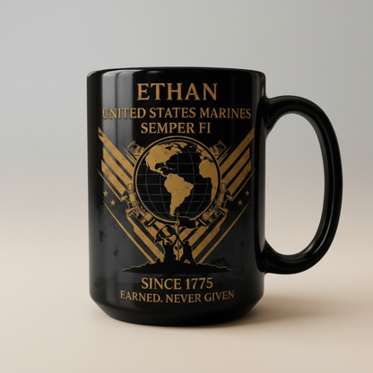 Personalized USMC Iwo Jima Black Mug - Custom Name Marine Veteran Cup - "Earned Never Given" Gift