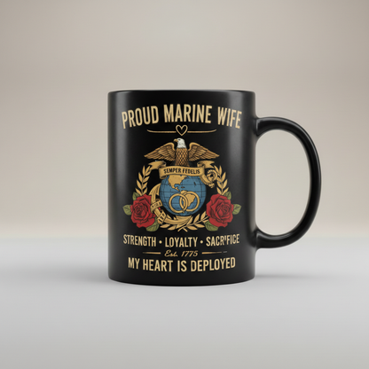 Personalized Proud Marine Wife Mug - Custom "My Heart Is Deployed" Wedding Rings Cup - Military Spouse Gift