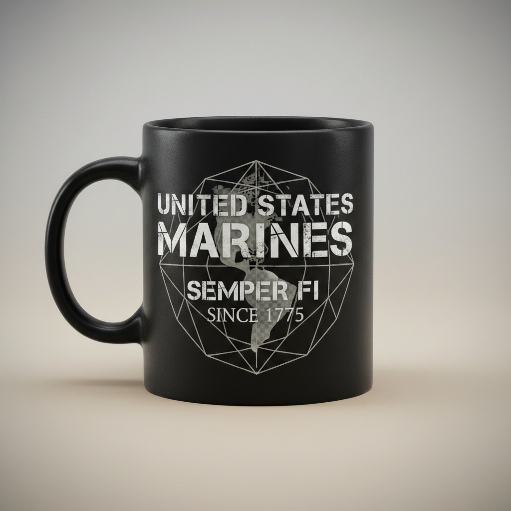 Personalized US Marines Geometric Globe Mug - Custom Distressed Semper Fi Cup - Veteran Gift