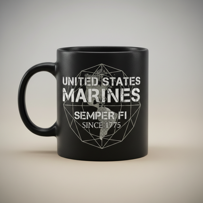Personalized US Marines Geometric Globe Mug - Custom Distressed Semper Fi Cup - Veteran Gift