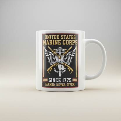 Personalized USMC Rifles & Dog Tags Mug - Custom "Earned Never Given" Marine Cup - Veteran Gift