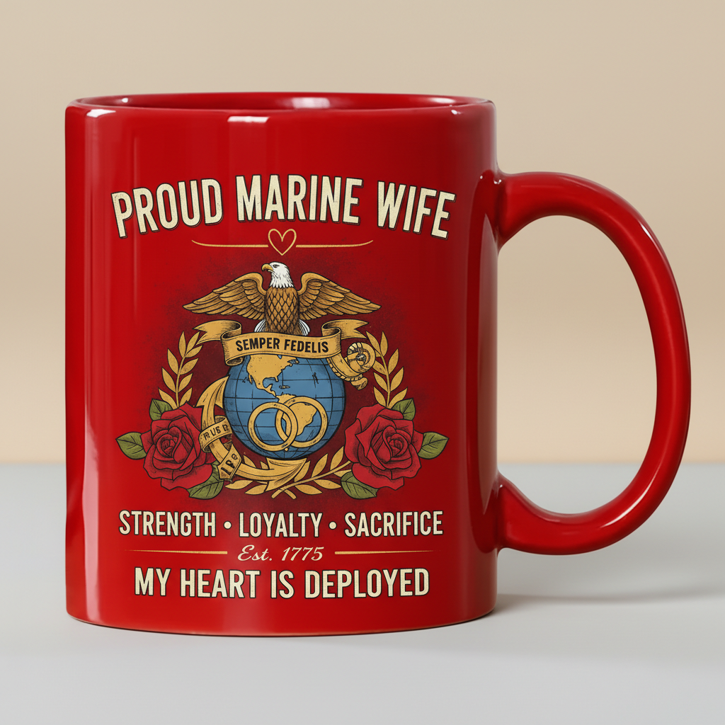 Personalized Marine Wife Globe & Wedding Rings Mug - Custom Red Rose "Strength Loyalty Sacrifice" Coffee Cup