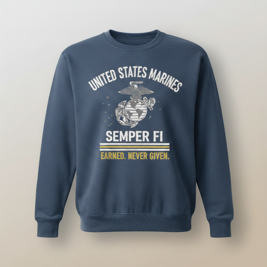 United States Marines Semper Fi Sweatshirt - Distressed USMC Eagle Globe Anchor Crewneck