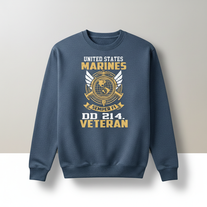 US Marines Veteran DD-214 Crewneck Sweatshirt - Semper Fi USMC Military Pride Pullover