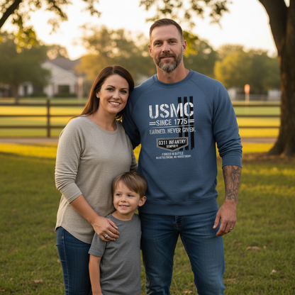 Marine Corps 0311 Infantry Crewneck - Earned Never Given USMC Pullover - Patriotic Military Gift for Men