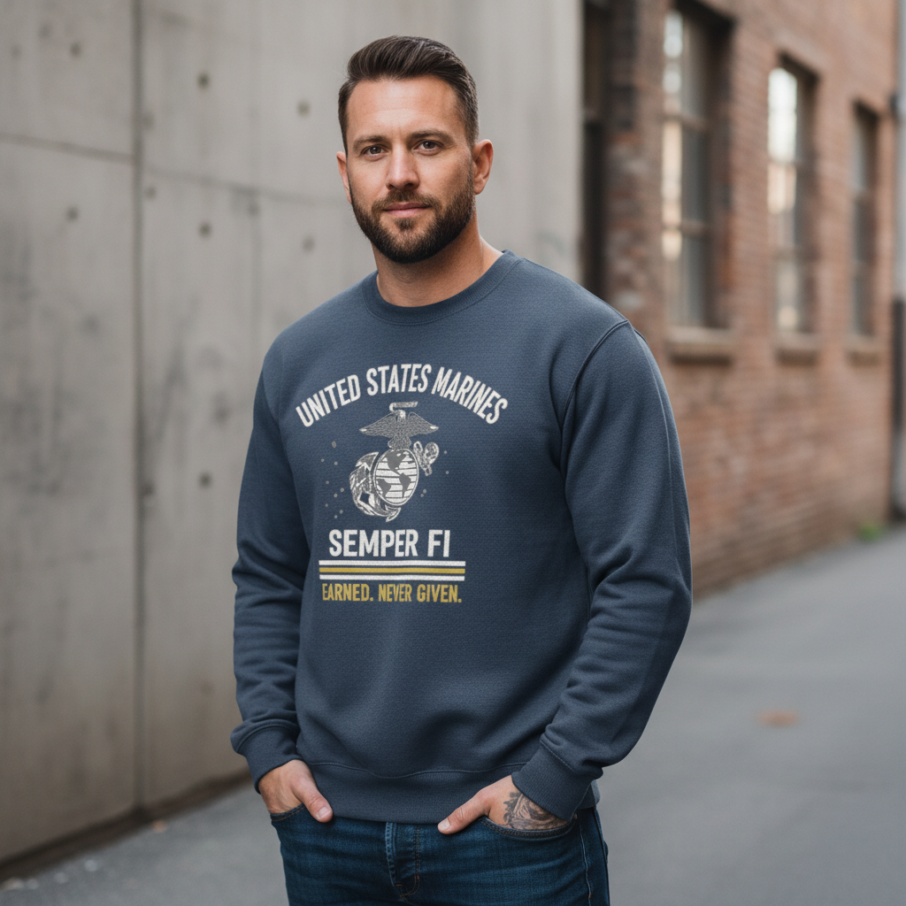 United States Marines Semper Fi Sweatshirt - Distressed USMC Eagle Globe Anchor Crewneck