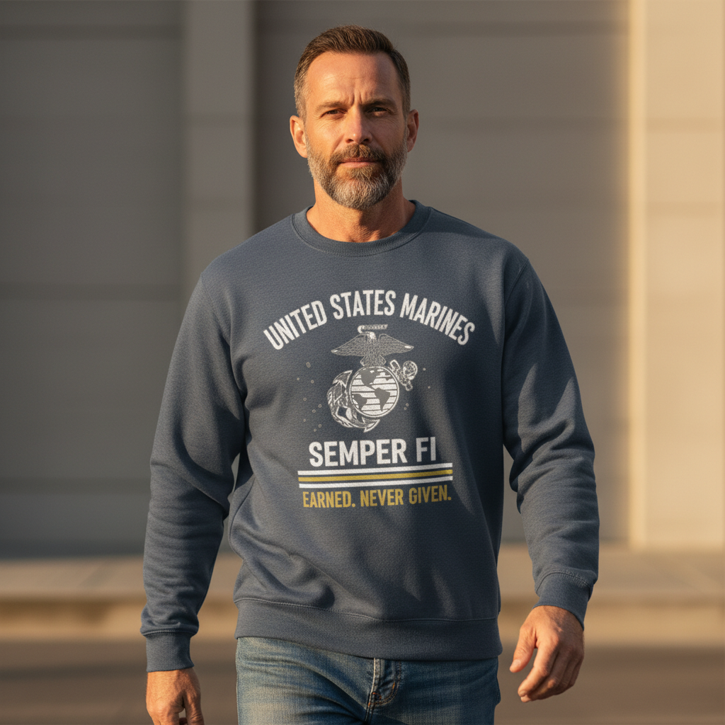United States Marines Semper Fi Sweatshirt - Distressed USMC Eagle Globe Anchor Crewneck
