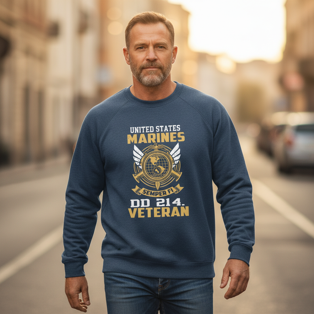US Marines Veteran DD-214 Crewneck Sweatshirt - Semper Fi USMC Military Pride Pullover