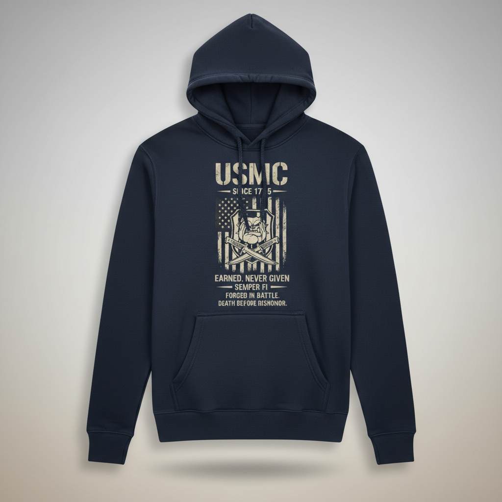 USMC Devil Dog Hoodie Death Before Dishonor American Flag Bulldog Graphic Pullover
