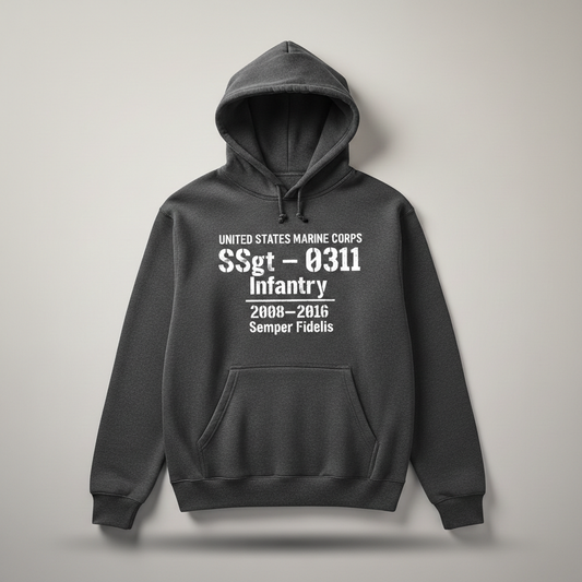 USMC SSgt 0311 Infantry Hoodie Charcoal Heather Military Stencil 2008-2016 Pullover