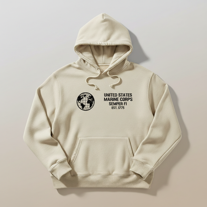 United States Marine Corps Semper Fi Est 1775 Hoodie Minimalist Global Logo Pocket Design Pullover