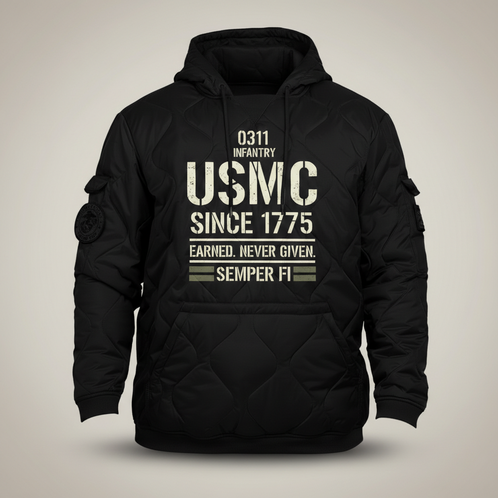 USMC Since 1775 Marine Veteran Hoodie - Heavyweight Quilted Tactical Pullover