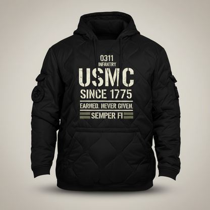 USMC Since 1775 Marine Veteran Hoodie - Heavyweight Quilted Tactical Pullover
