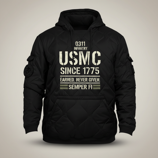 USMC Since 1775 Marine Veteran Hoodie - Heavyweight Quilted Tactical Pullover