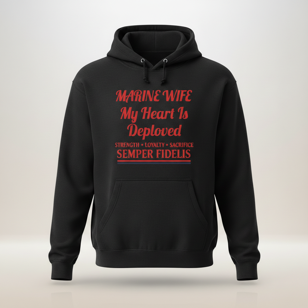Marine Wife Hoodie - My Heart Is Deployed Sweatshirt - Semper Fidelis Military Spouse Gift - USMC Strength Loyalty Sacrifice Pullover.