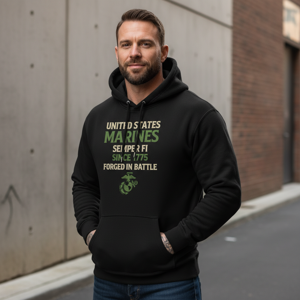 United States Marines Semper Fi Hoodie Forged In Battle Olive Green Tactical Pullover
