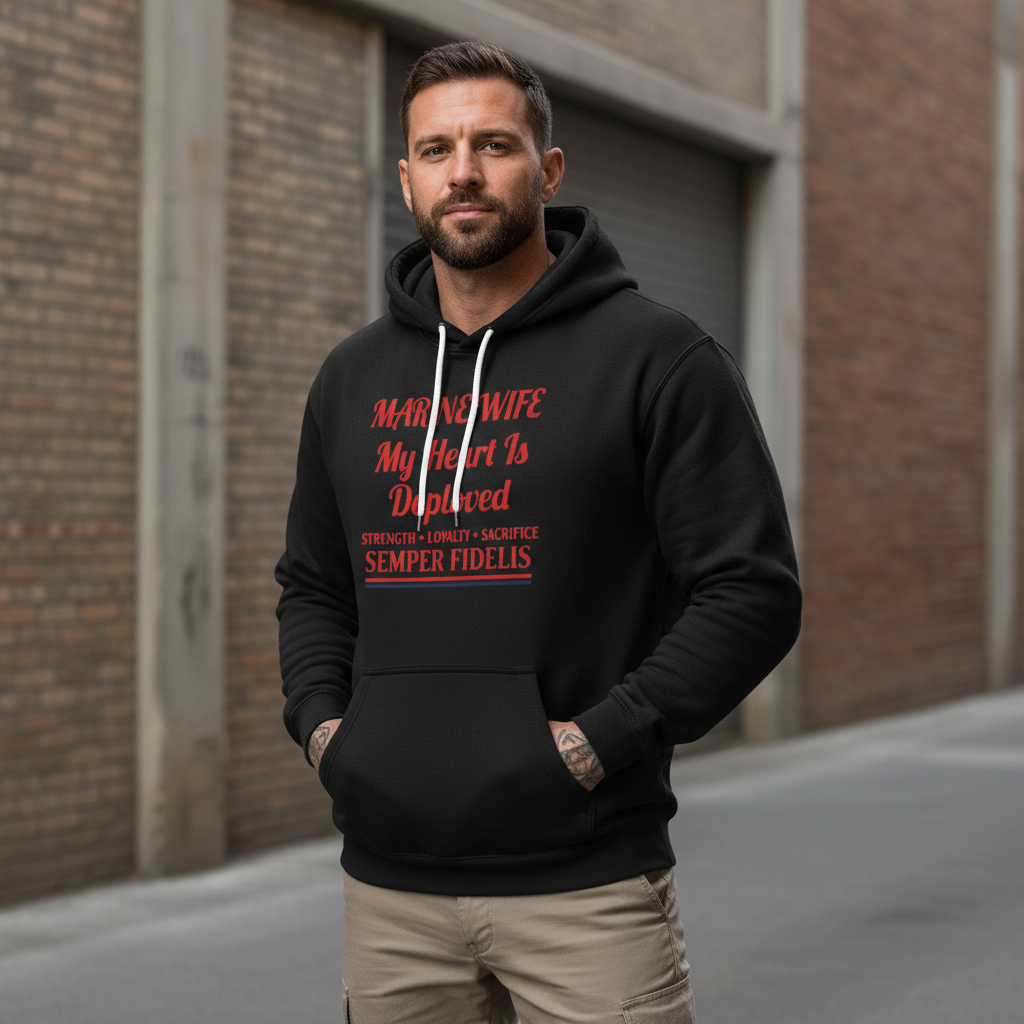 Marine Wife Hoodie - My Heart Is Deployed Sweatshirt - Semper Fidelis Military Spouse Gift - USMC Strength Loyalty Sacrifice Pullover.
